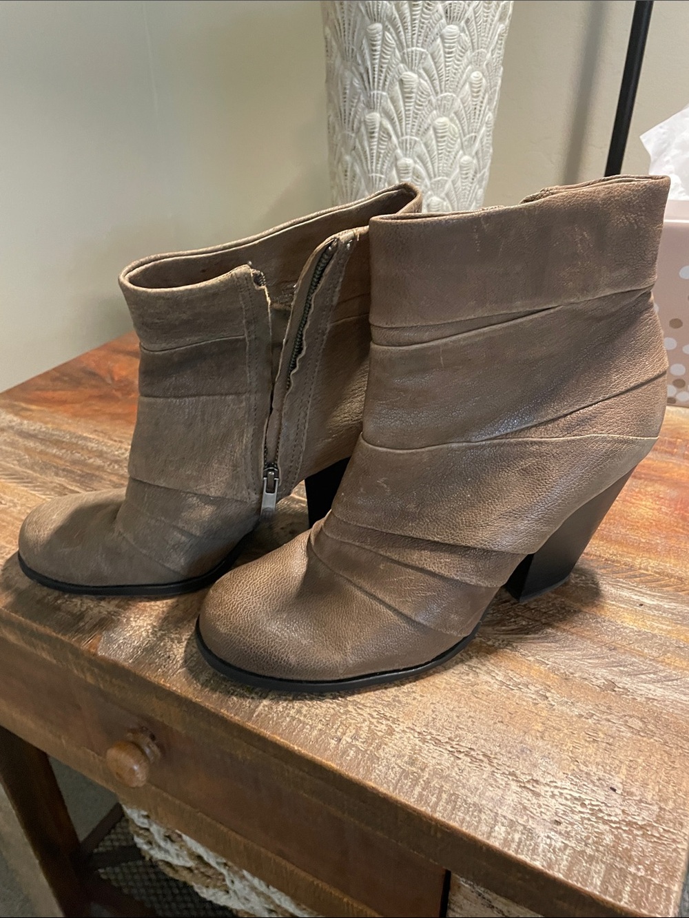 Vince Camuto Taupe Wrap-Style Leather Ankle Booties with Side Zip